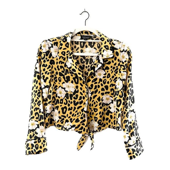 Topshop Tops - TOPSHOP Floral + Leopard Printed Cropped Button Down Blouse with Tie -  Size 4